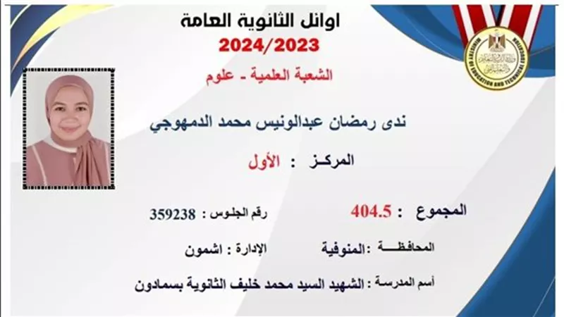 «ابنة المنوفية» ندى رمضان تحصل على المركز الأول في أوائل الثانوية العامة 2024 