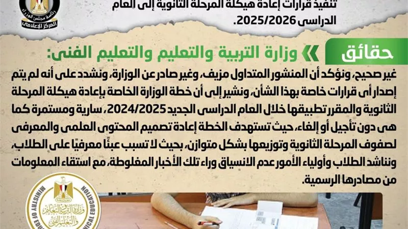 مجلس الوزراء يكشف حقيقة تأجيل تنفيذ قرارات إعادة هيكلة المرحلة الثانوية