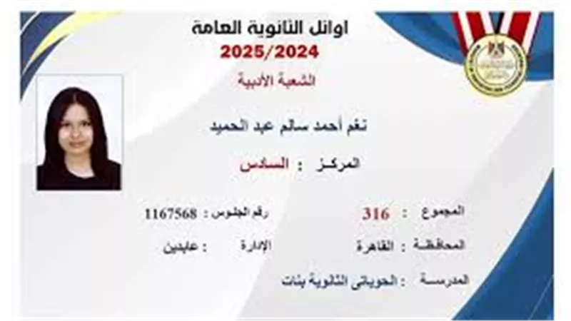 السادسة على الثانوية العامة: التاريخ أصعب مادة.. والصلاة سر تفوقي