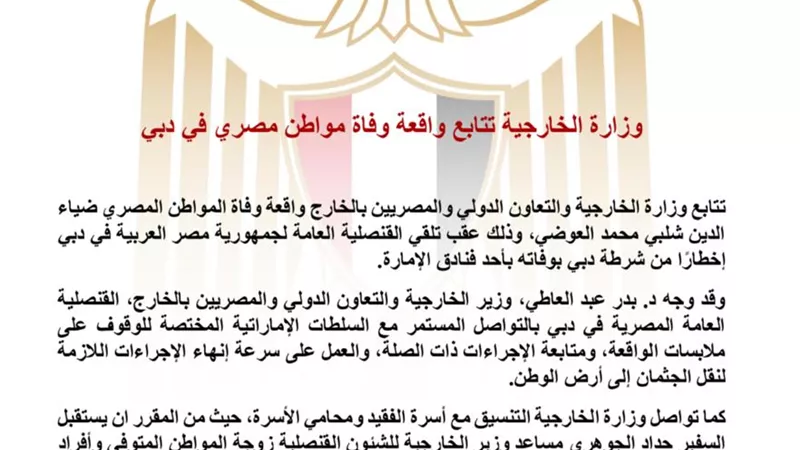 الخارجية تتابع وفاة مصري في دبي وتكثف التنسيق لإعادة الجثمان والتحقيق في الملابسات