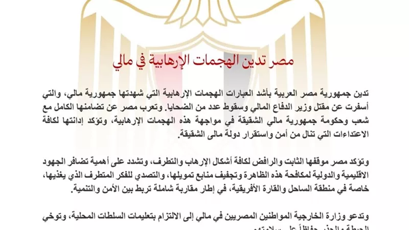 مصر تدين الهجمات الإرهابية في مالي