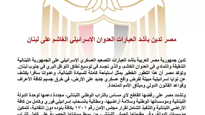 مصر تدين التوغل الإسرائيلي في جنوب لبنان وتطالب بانسحاب فوري وتنفيذ القرار 1701