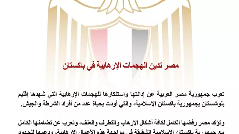 مصر تدين الهجمات الإرهابية في باكستان وتؤكد تضامنها الكامل مع إسلام آباد في مواجهة الإرهاب