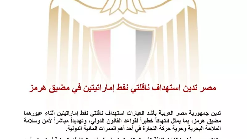   مصر تدين استهداف ناقلتي نفط إماراتيتين في مضيق هرمز وتؤكد تضامنها الكامل مع الإمارات  