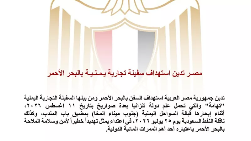 مصر تدين استهداف السفن بالبحر الأحمر وتؤكد ضرورة حماية حرية الملاحة الدولية