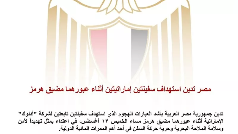 مصر تدين استهداف سفينتين تابعتين لـ«أدنوك» الإماراتية وتؤكد تضامنها الكامل مع الإمارات