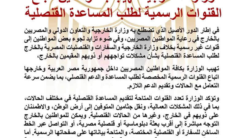 الخارجية تهيب بالمصريين اللجوء إلى القنوات الرسمية لطلب المساعدة والدعم القنصلي