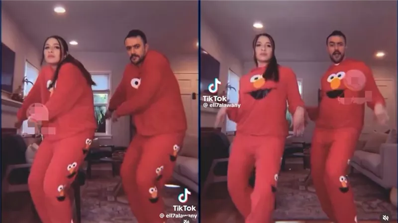 ياسمين عبد العزيز وزوجها أحمد العوضي يرقصان بـ«البيجاما الحمراء» (فيديو) 